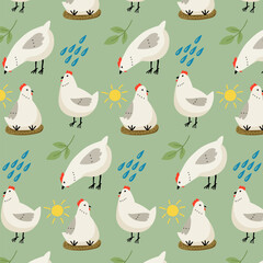Vector seamless pattern illustration chicken stickers funny characters flat style fun children's