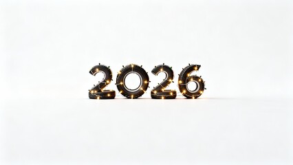 number 2026 appears in luminous, metallic font against white backdrop, evoking futuristic and celebratory mood, suggesting New Year's theme, joyous future, innovation., technology, celebration