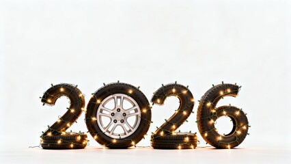 number 2026 is spelled out with illuminated tires in horizontal line against white backdrop, evoking warm, festive atmosphere, suggesting New Year celebration., joyful celebration, future hope