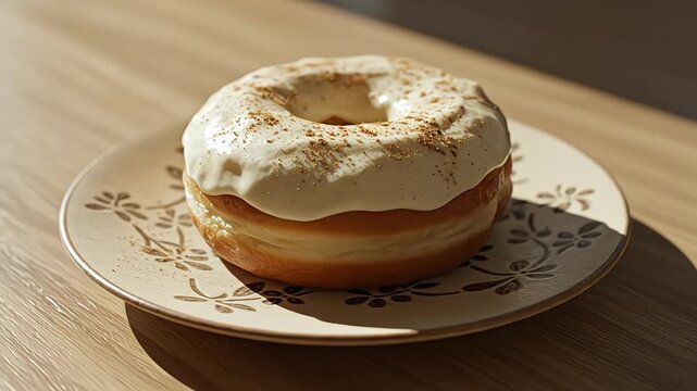 A delectable donut with creamy white frosting and cinnamon sprinkles rests on a patterned plate.