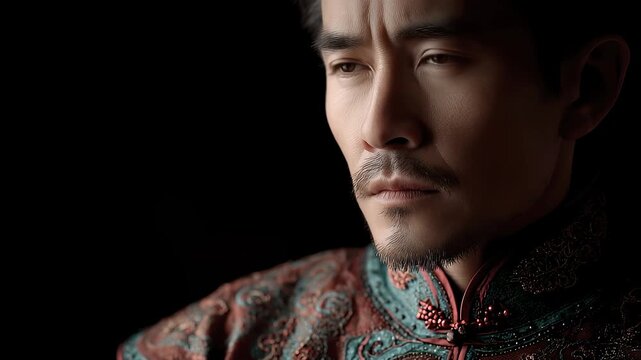 Close-up of Eastern Man in Traditional Costume Contemplating