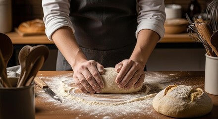 Kneading dough with flour and kitchen utensils on the counter