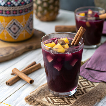 Chicha morada in clear tumbler with pineapple and cinnamon on Andean textile and Peruvian decor