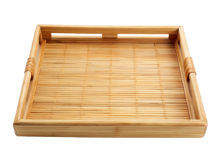 Empty bamboo tray isolated on transparent background for serving food and drinks