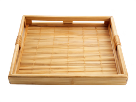 Empty bamboo tray isolated on transparent background for serving food and drinks