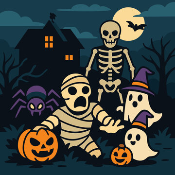 Halloween Scene with Mummy, Skeleton, Ghosts, Spider, and Pumpkins under Full Moon