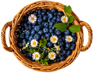 Blueberries in Woven Picnic Basket with Summer Flowers, Top View, Transparent Background