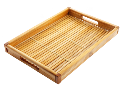 Empty bamboo tray isolated on transparent background, perfect for serving breakfast