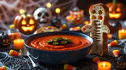 A warm, steaming bowl of vibrant red tomato soup, accompanied by a slice of crusty bread cut into the shape of a man, with a second bread man standing upright beside the bowl.
