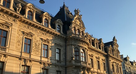 Obraz premium Ornate historic building exterior illuminated by natural light against a clear sky