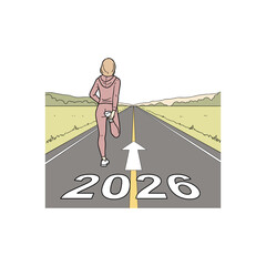 Person stretching on road with 2026 arrow vector illustration for New Year journey progress motivation or future goals in clean inspirational cartoon style