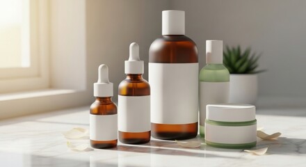Collection of amber glass cosmetic bottles and jars isolated on white background
