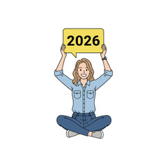 Smiling person holding 2026 sign above head vector illustration for New Year celebration milestone announcement or future-themed editorial content in clean cartoon style