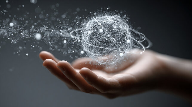 Hyperrealistic depiction of atoms flying along orbits above a hand, symbolizing science, atomic structure, physics, innovation, and futuristic technology concepts.
