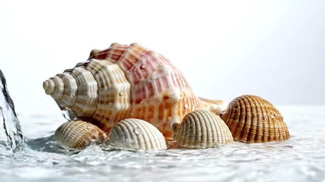 Assorted Seashells Under Flowing Water Splash conch shell