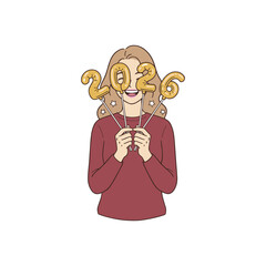 Person holding golden 2026 balloons festive vector illustration for New Year celebration milestone event or joyful lifestyle branding in clean cartoon style