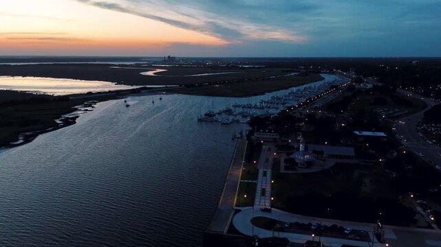 Aerial landscape of coastal wetlands summer sunset in Brunswick city southeast coast of Georgia