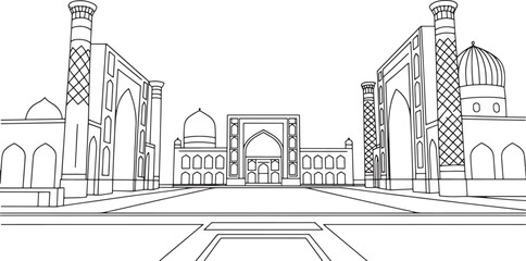 Fototapeta premium Detailed Line Drawing of Registan Square in Samarkand Vector on Transparent Backcloth