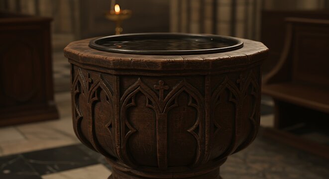 Ornate wooden baptismal font inside church interior with dim lighting