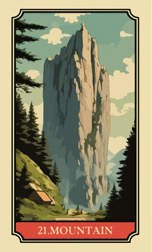 The mountain. A comic-style fantasy card from the Lenormand Oracle deck. The classic 5:3 ratio for divination cards.
