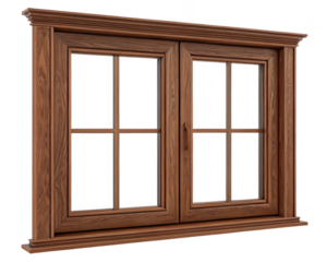 Wooden window with six panes isolated on transparent background for interior design