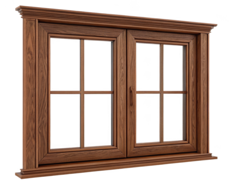 Wooden window with six panes isolated on transparent background for interior design