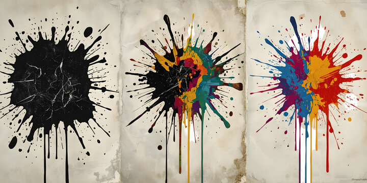 Ink Splatter Trio: An artistic composition of vibrant ink splatters bursts across the canvas, showcasing a dynamic interplay of color and form, igniting a sense of creativity and emotion.