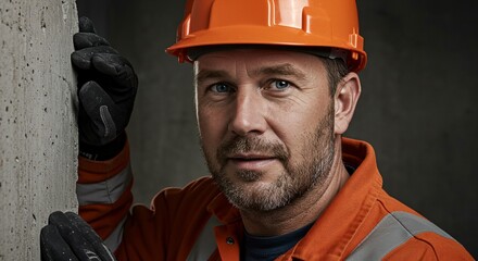 Construction worker in orange safety uniform and helmet