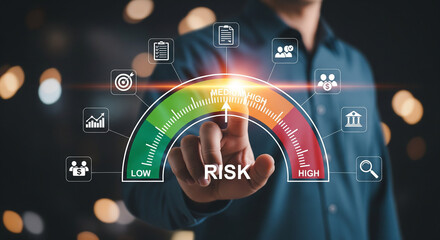 Risk Assessment Visualization: A modern depiction of risk management, showcasing a hand interacting with a dynamic risk meter that vividly displays levels from low to high