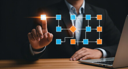 Digital Pathway: A person in a formal suit interact a technological diagram on the screen of an unseen display, symbolizing the dynamic nature of digital innovation and connectivity