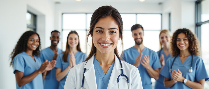 Healthcare Professional Recognition – Smiling Medical Team Applauding Female Doctor for International Doctor's Day Celebrations and Medical Staff Appreciation Events