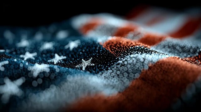 A futuristic American flag forms a waving landscape of digital particles with a shallow depth of field &mdash; a sophisticated technology background.