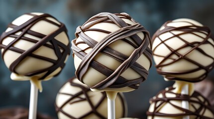 Intricately wrapped Mummy cake pops, with smooth, creamy white chocolate coating, and dark brown or black strips of edible decoration