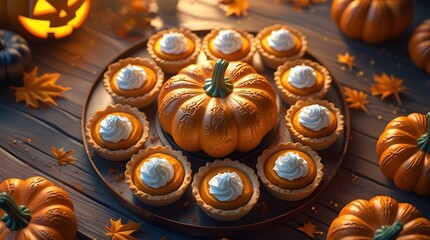 Mini Halloween pumpkin snack pies from a top view, with intricate designs and textures, vibrant orange and yellow hues, and a warm golden lighting effect.
