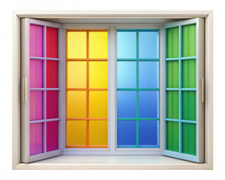 Open window with colorful glass isolated on transparent background, interior design