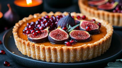 Gourmet fig and pomegranate tart presented by candlelight — an elegant holiday dessert. - Powered by Adobe