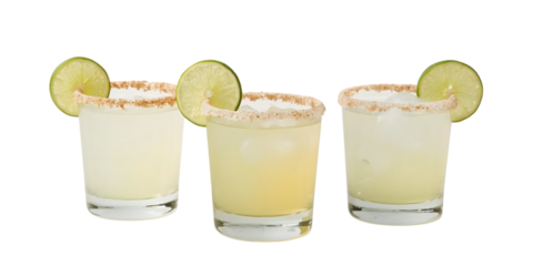 Refreshing Margarita: A close-up shot of three classic margaritas, showcasing the vibrant citrus hues, frosted rims, and refreshing appeal.
