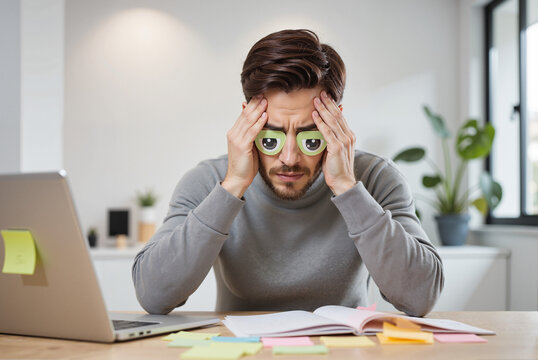 Exhausted Marketer with Eye Stickers on Glasses – Young Professional Napping at Laptop for Digital Marketing Burnout, Workplace Stress, and Marketer's Day Concepts