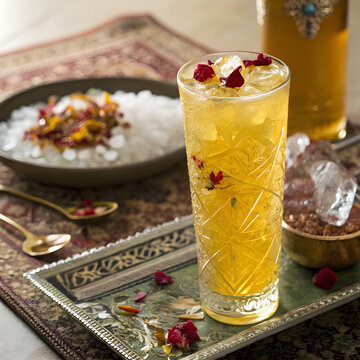 Luxurious Iranian saffron sharbat in crystal glass with rose petals and golden light on Persian tray