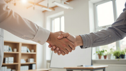 Educational Partnership Handshake – Professional Teacher and Student Connection in Modern Classroom Setting for Academic Achievement, Mentorship Programs, and World Teachers Day Celebrations