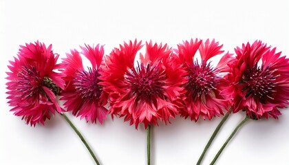 Red Knapweed Flowers In A Line Floral Arrangement Isolated On White Or Transparent Background