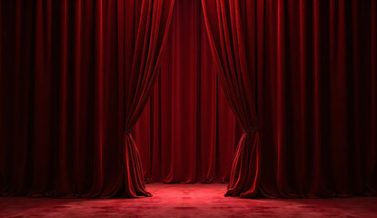 Red curtains on the stage. Satin. Close-up.	