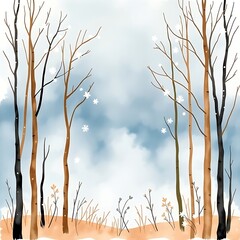 Watercolor Border Featuring Slender Winter Forest Trees  
