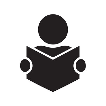 Simple black silhouette of a person intently reading an open book