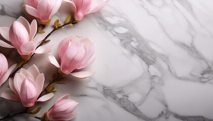 Elegant Pink Magnolia Flowers Branch On Marble Background For Spring Floral Design