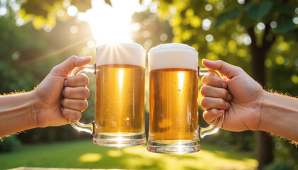 Friends Toasting with Beer Mugs – Golden Drinks, Clink Glasses in Outdoor Garden with Sunlight for International Beer Day Celebrations, Summer Parties, and Social Gatherings