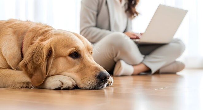 Golden retriever dog relaxing on the floor while owner works on a laptop