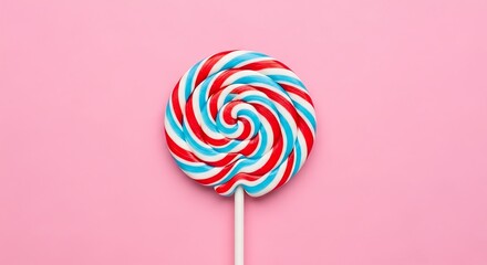 A vibrant, swirled lollipop with red and blue colors on a pink background, isolated on white background