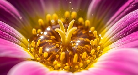 Floral essence captured in macro detail with petals embracing a radiant core illuminated by delicate specks of light