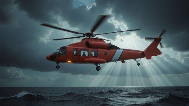 Rescue Helicopter in Action – Red Aircraft Hovering Above Stormy Ocean for Emergency Response, Maritime Safety, and Coast Guard Day Celebrations - Powered by Adobe